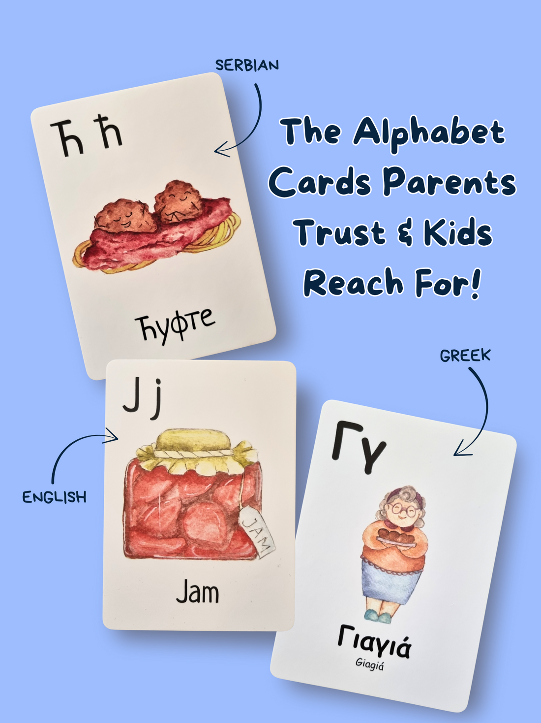 Three bilingual alphabet flashcards showing Serbian, English, and Greek letters with arrows and the heading ‘The alphabet cards parents trust and kids reach for.