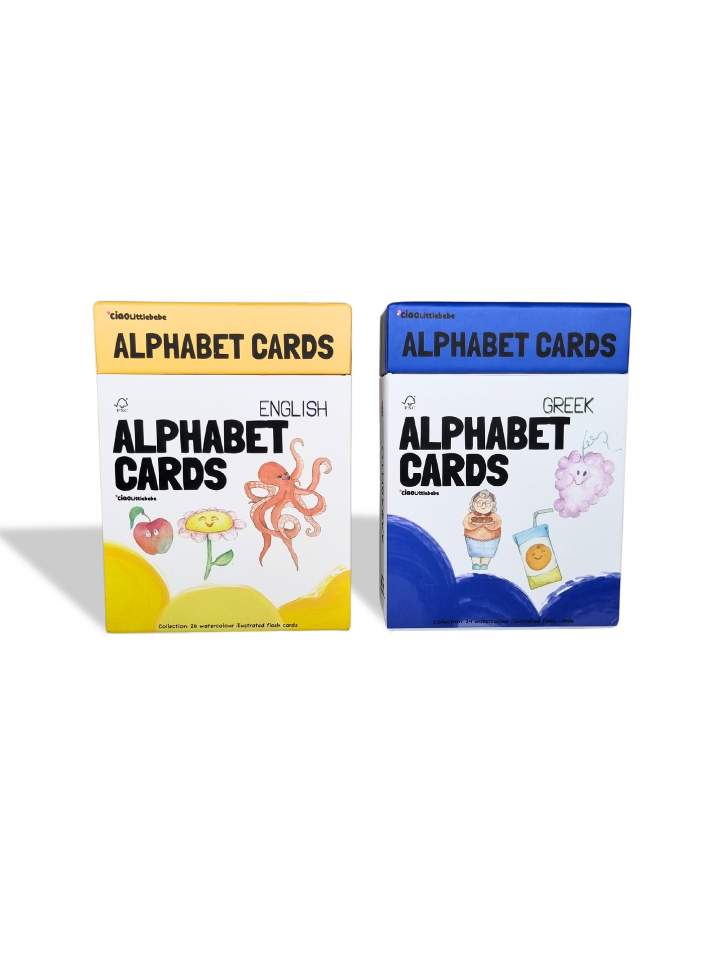 English and Greek alphabet cards side by side for bilingual education.