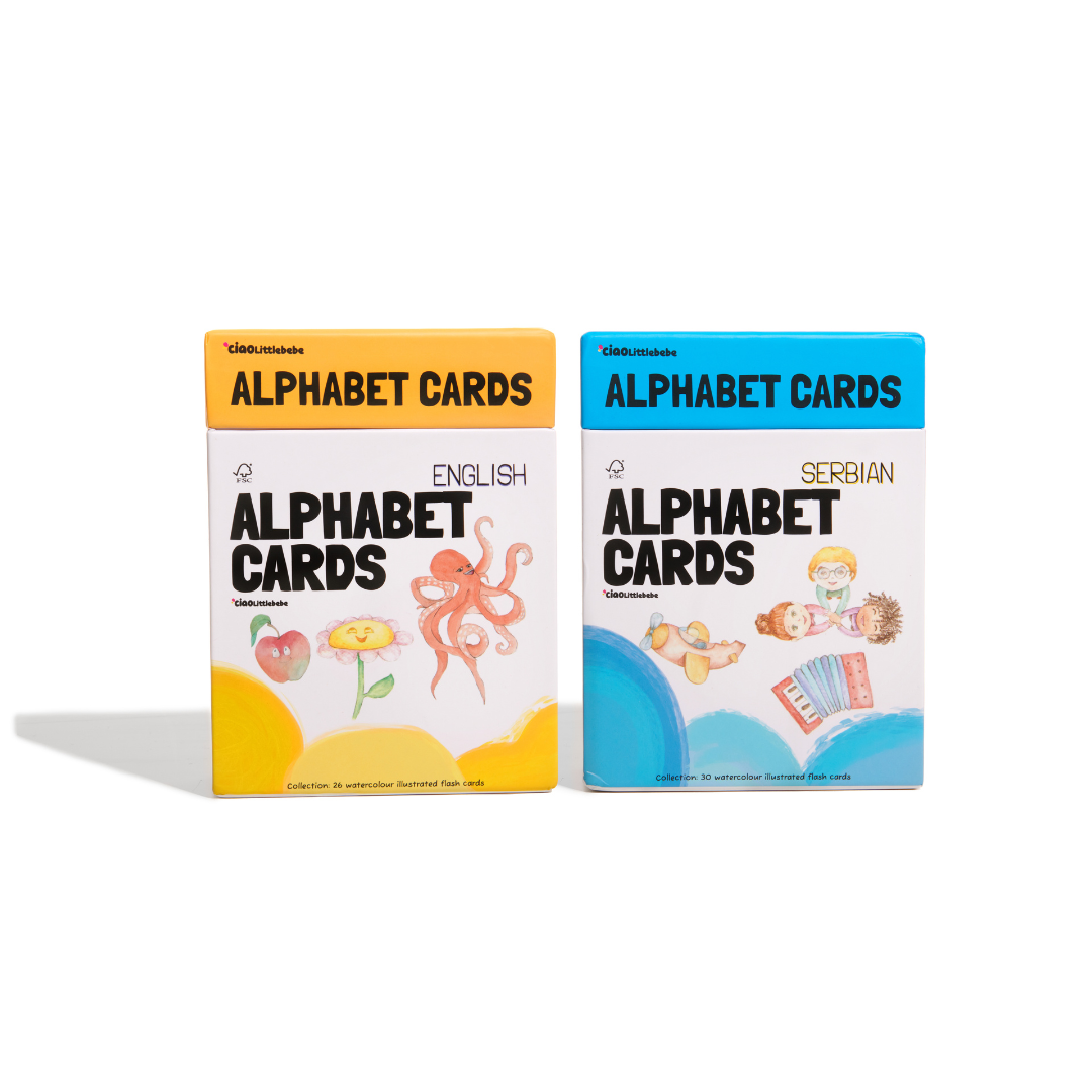 English and Serbian alphabet cards side by side for bilingual learning.