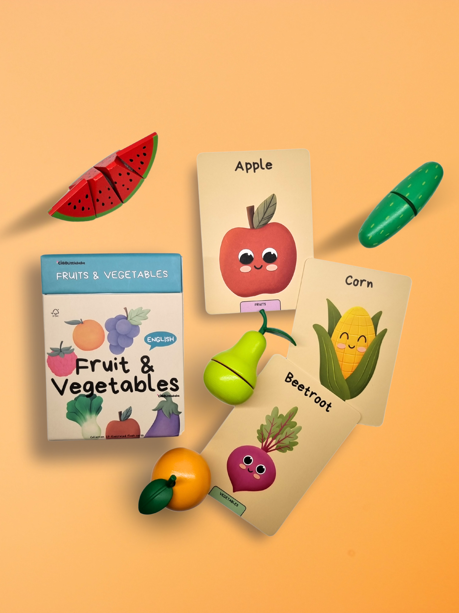 Set of English fruit flashcards – educational bilingual cards for kids