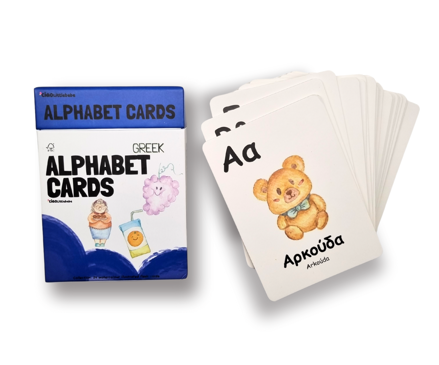 Close-up of Greek alphabet bilingual flashcards for kids
