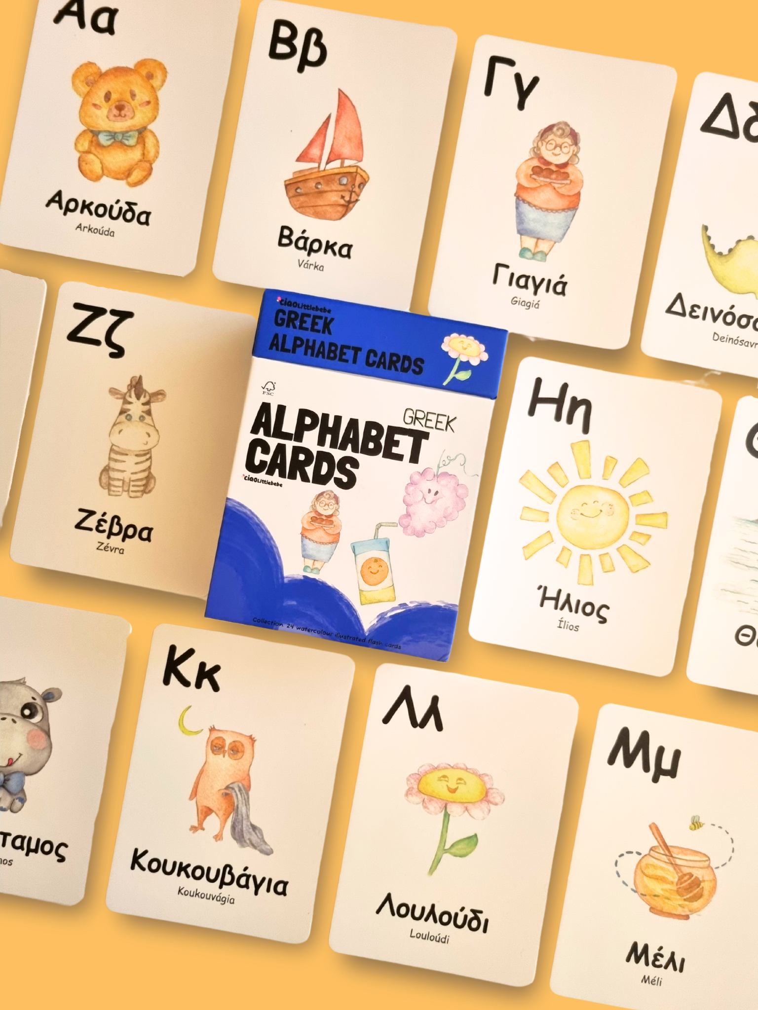 Toddler playing with Greek alphabet flashcards for early learning
