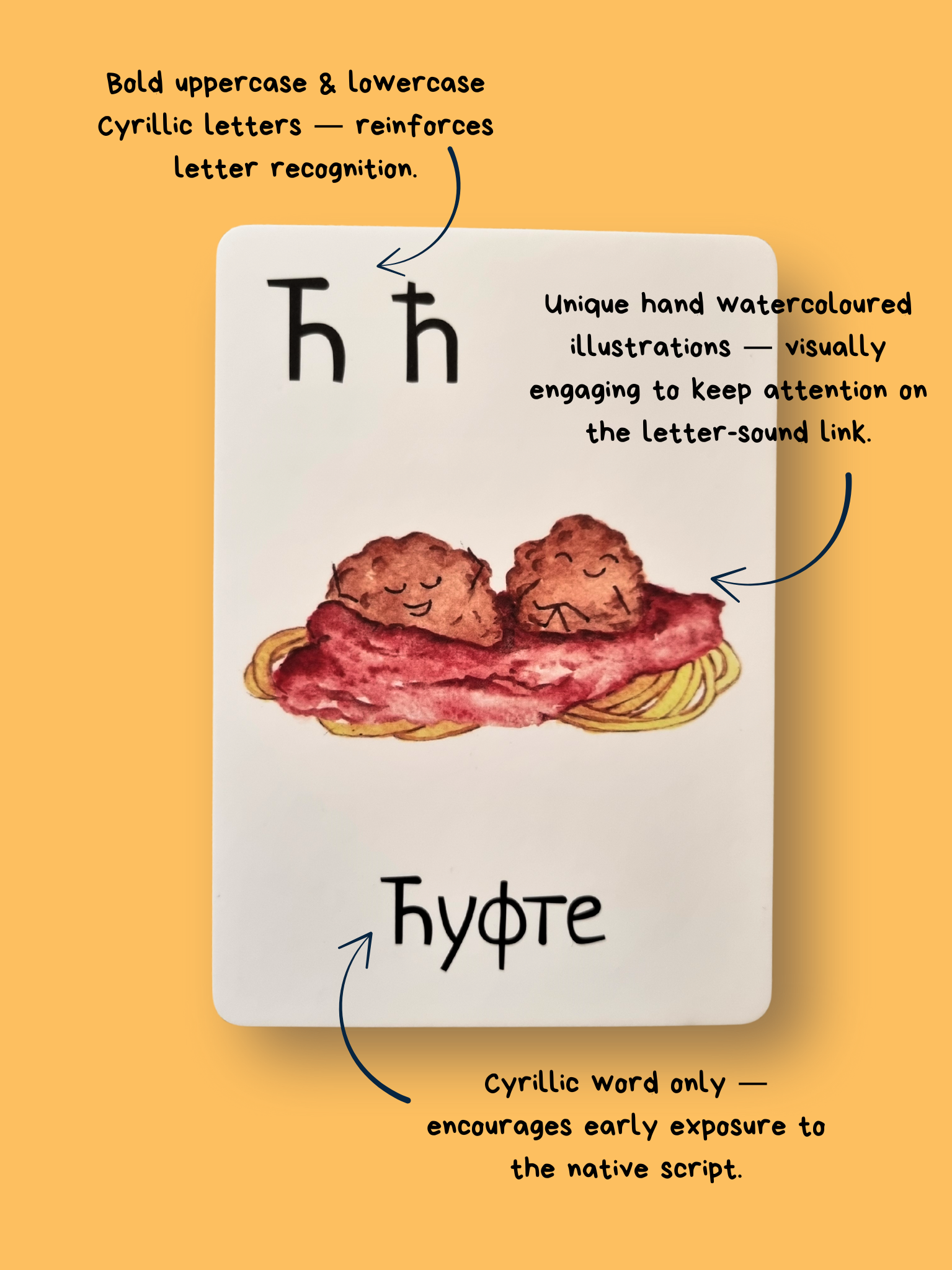 Serbian Cyrillic flashcard with the letter 'ћ' and a hand-painted image of ћуфте (meatballs). Educational tool for parents raising bilingual toddlers, designed to support early Cyrillic letter recognition and Serbian language learning at home.