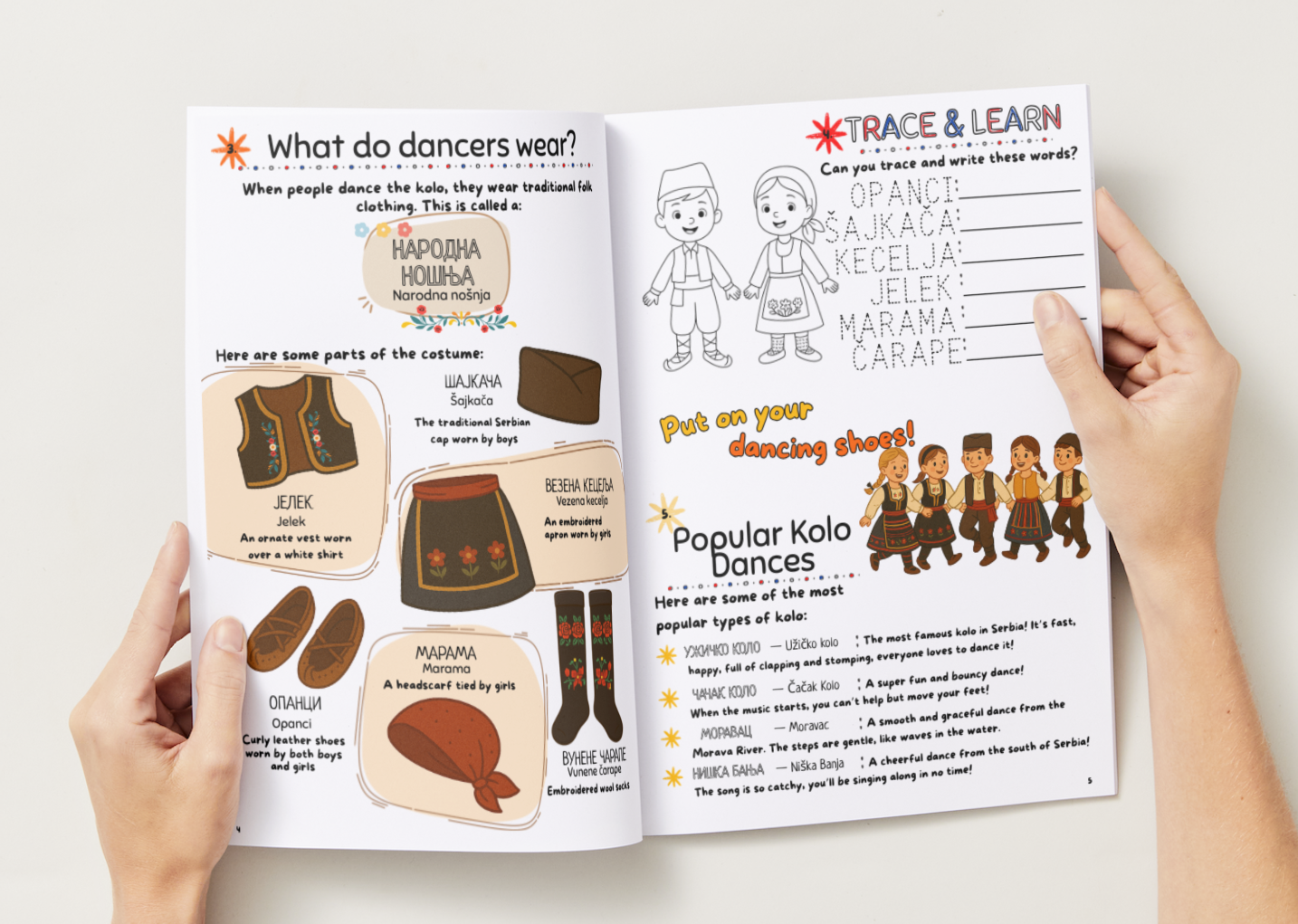 Two-page spread showing kolo-themed Serbian cultural activity pages from The Bilingual Corner Jnr.™ activity book.